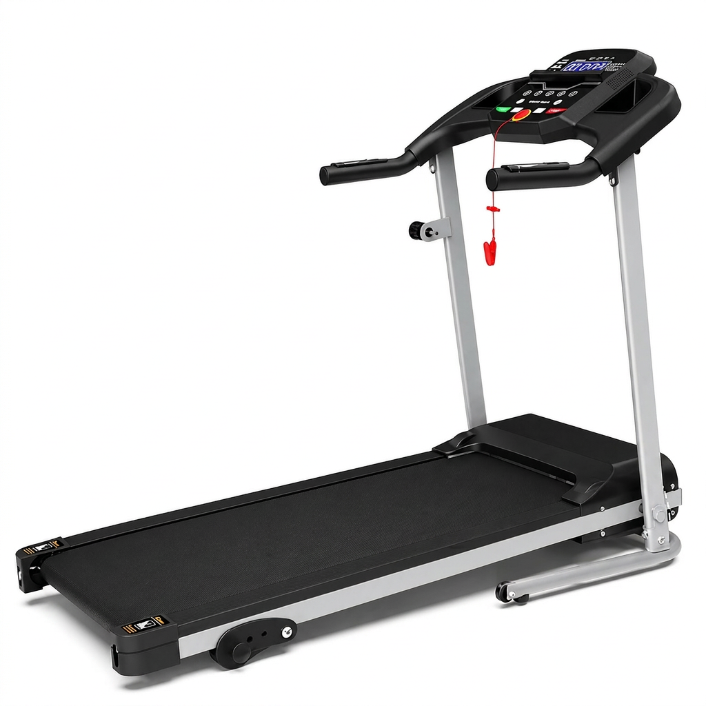 Folding Treadmill with Manual Incline, Fitness Workout Exercise Machine LCD Screen, Shock-Absorbent Running Deck, Device Holder - Black — Studio Shot